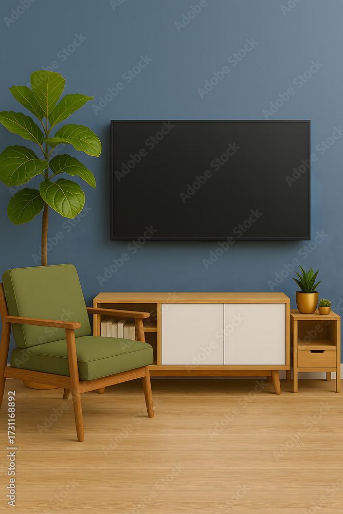 Fototapeta premium Modern Living Room with Dark Blue Wall, Smart TV, Wooden Cabinet and Green Armchair