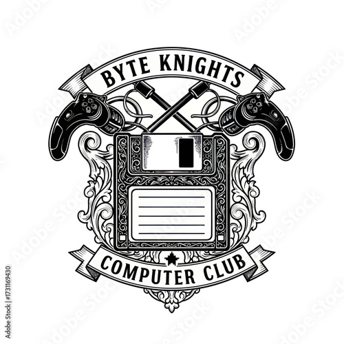 Emblematic crest featuring a floppy disk, crossed joysticks, and ornate scrollwork, labeled 'Byte Knights Computer Club'.