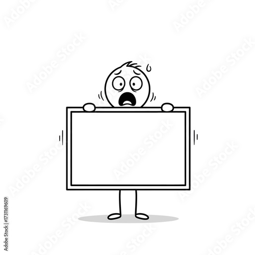 Stickman character scared with large speech bubble Vector illustration of a stickman character showing fear expression with an empty speech bubble for text.