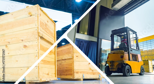 Forklift moving large woode...