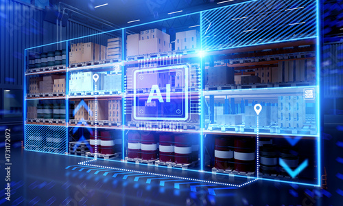 Fotografija AI powered warehouse with shelves, boxes and barrels, digital interface for automation, tracking and inventory management