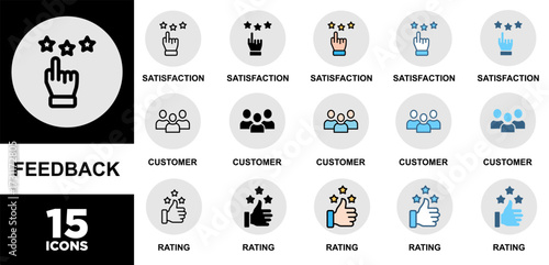 Feedback icon set with various styles and colors of satisfaction, customer, rating, quality, comment, service and reliability	
