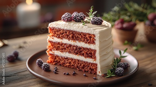 Delicious Red Velvet Cake Slice with Frosting and Blackberries