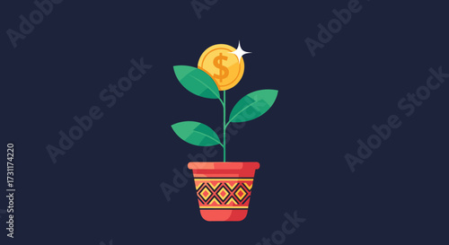 Money Plant Growing In A Pot Symbolizing Financial Growth.