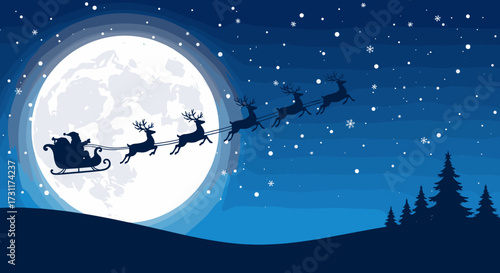 Santa Claus flying in his sleigh with reindeer across the moon.