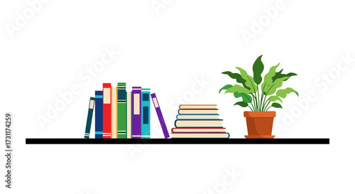 Bookshelf with books and a potted plant on a shelf.