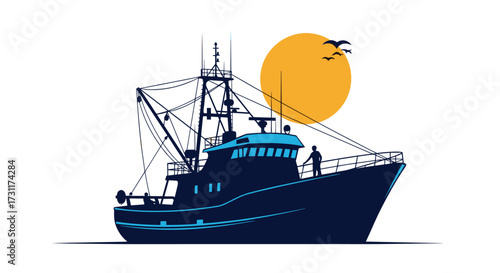 Fishing trawler boat sailing at sunset with birds flying.