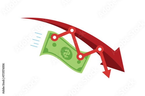 vector flat design falling dollar with red arrow down, loss money economy decline, cartoon flat design isolated