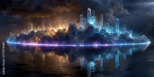 Discover a stunning crystal city rising from the waters, a mesmerizing fantasy landscape that inspires awe