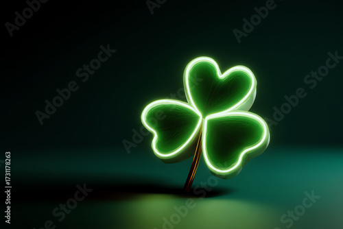 A glowing neon green three-leaf clover stands illuminated against a dark background, symbolizing luck and nature with a modern, vibrant aesthetic