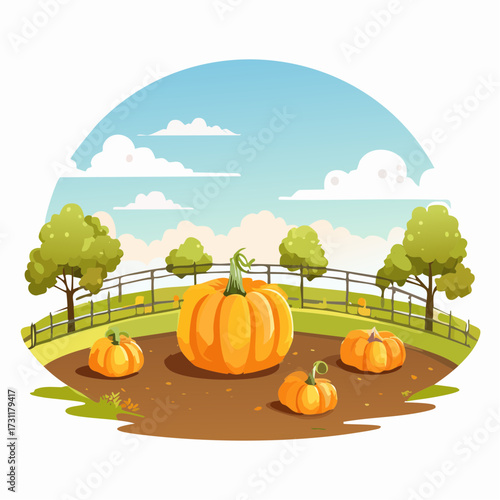 Rows of ripe orange pumpkins ready for harvest in a vast field with a charming country farm in the background during a sunny autumn day