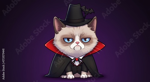 Illustration of a cat dressed as a vampire on a purple background