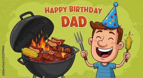 Illustration of a birthday celebration with barbecue and cheerful character