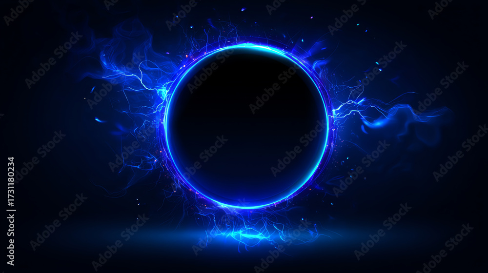 Obraz premium A glowing blue electric ring with lightning-like energy streams surrounds a dark circular center against a deep blue background, creating a futuristic and dynamic visual effect