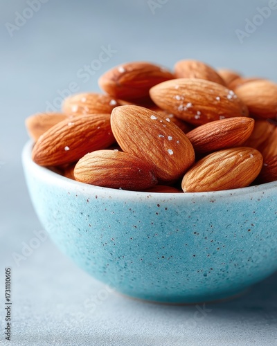 Close-up of Almonds in a Small Blue Bowl on a Textured Surface