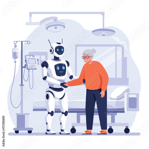 A friendly robot gently assists an elderly person in standing up from a hospital bed in a clean, vibrant 2D flat vector illustration of a futuristic healthcare scene.