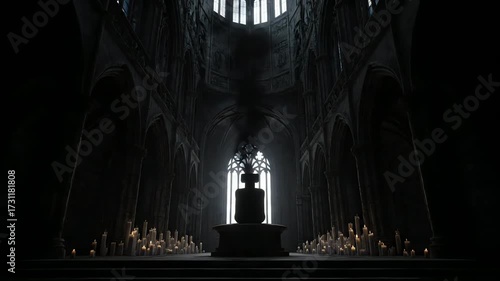 A 4k wide shot of a dark, gothic cathedral interior featuring an altar illuminated by candles, creating a somber and mysterious atmosphere with strong contrast lighting.