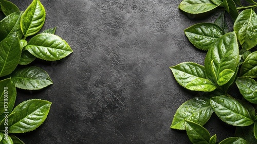 Fresh Green Tea Leaves on Dark Background