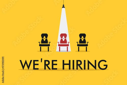 We're hiring. Concept for a minimalist recruitment poster or banner featuring a chair. Symbols for job openings, job offers, career development, and job advertisements.
