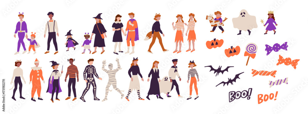 Fototapeta premium ハロウィンの魔女やおばけ、ミイラ男などの仮装をする家族・子どもなどの人物のベクターイラスト素材セット Vector illustration set featuring people such as families and children dressed in Halloween costumes.