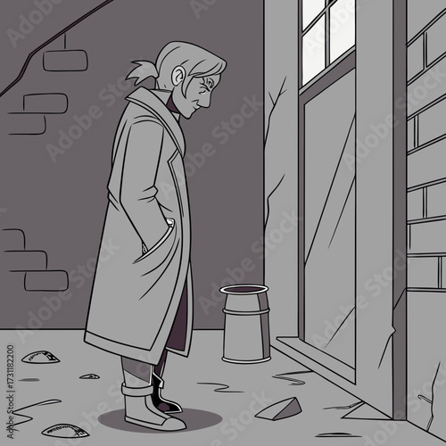 A lone figure in a long coat stands in a desolate urban environment with debris scattered around