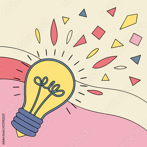 Bright yellow light bulb exploding with colorful geometric shapes and abstract lines representing creativity and innovation