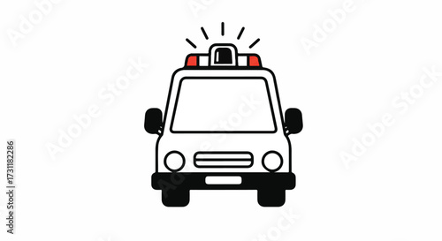 A clean vector illustration shows an emergency ambulance from the front, featuring a bright siren in modern flat line art, isolated to symbolize urgent medical services.