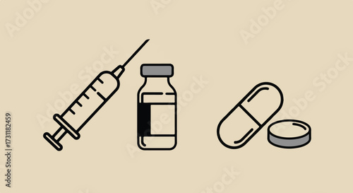 Clean, stylized vector icon illustration featuring a distinctive syringe outline, a pristine vaccine vial, and an isolated capsule pill, symbolizing modern medical treatment and essential healthcare.