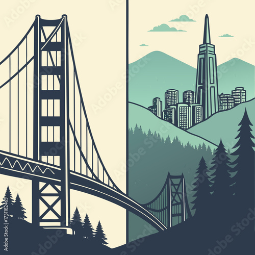 Iconic golden gate bridge and san francisco skyline with mountains and trees