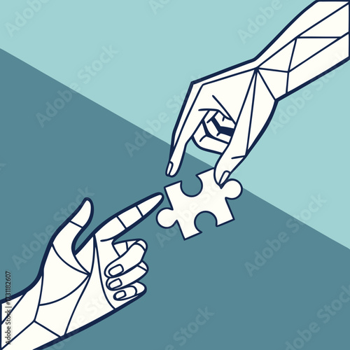 Two stylized hands connecting a puzzle piece in a geometric abstract design
