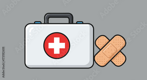 An essential first aid kit box featuring a prominent red cross, a neatly rolled white bandage, and a skin-toned plaster patch is presented as a clear vector icon in a clean, isolated flat style.