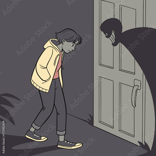Young person cautiously approaches a door with a shadowy figure lurking behind it