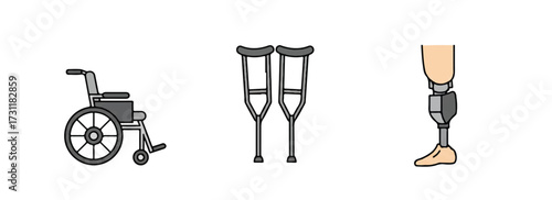 A minimalist vector illustration features essential mobility aids: an isolated wheelchair, a pair of crutches in clean line art, and a modern prosthetic leg, symbolizing accessibility and support.