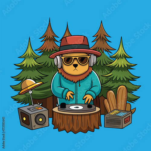Sasquatch DJ spinning records on tree stumps in a forest svg