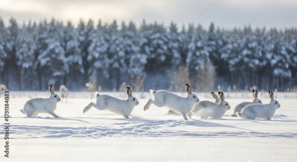 Fototapeta premium White hares running across the snowy field in winter landscape