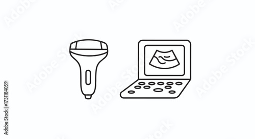 Clean vector outline icon of a medical ultrasound machine with a distinct probe and an isolated screen, depicting advanced diagnostic healthcare technology.