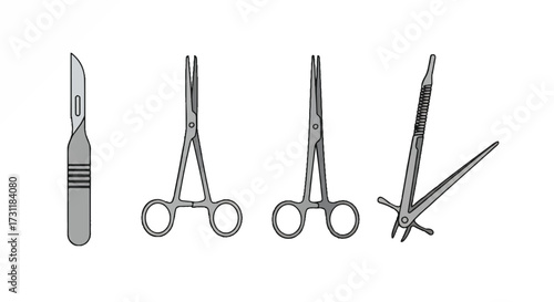 A precise vector illustration features a flat scalpel, an outline of surgical scissors, and an isolated clamp tool, showcasing essential medical instruments.