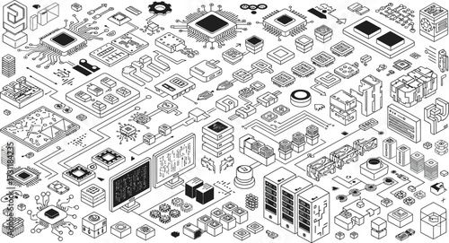 Isometric illustration of computer hardware components and circuit board elements in black and white