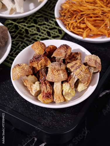 Dried Agaricus Blazei Murill Mushrooms Himematsutake in Bowl with Asian Cooking Ingredients