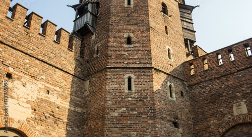 Ancient brick tower with crenelated walls under sunlight