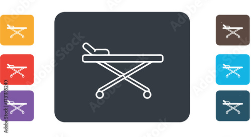 A distinct 2D flat vector outline illustration of a medical stretcher, resembling a folding bed, serving as a crucial rescue symbol for ambulance transport and emergency care.