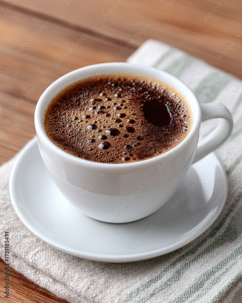 Obraz premium Close Up Of Dark Roasted Coffee Cup On Rustic Wooden Surface With Linen Napkin And White Saucer