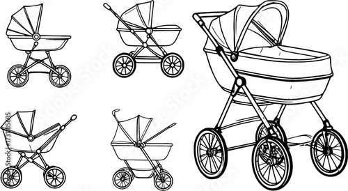 Baby stroller line art vector illustration of pram carriage with classic vintage design for parenting lifestyle newborn baby product and family care concept