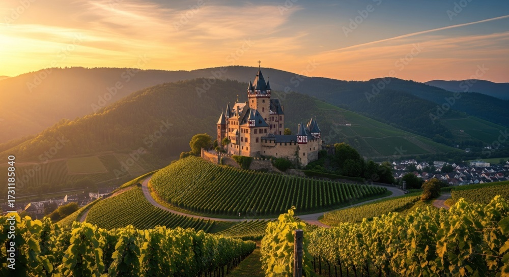 Naklejka premium Majestic castle atop vineyard hills at sunrise