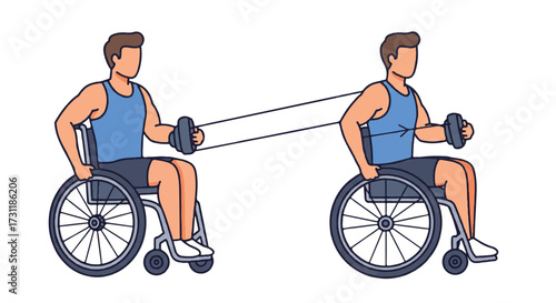 Wheelchair athlete performing a rehabilitation exercise, depicted as a modern 2D flat design vector illustration, symbolizing recovery and health in an isolated setting.