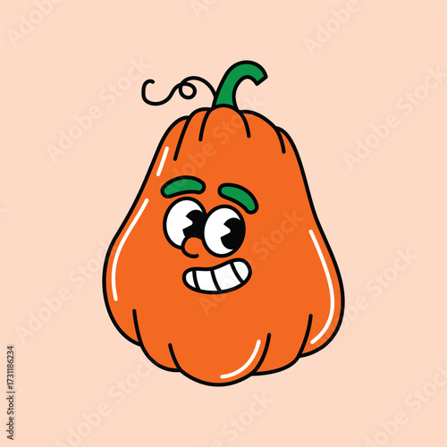 A whimsical cartoon pumpkin character with a vibrant orange body, expressive googly eyes, and a wide, toothy grin, exuding a playful and cheerful vibe. Cute Jack O Lantern Retro Mascot.