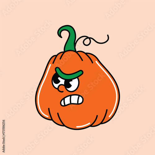 A vibrant orange pumpkin illustration featuring a displeased face, furrowed brows, and bared teeth, depicted in a playful cartoon style. Cute Jack O Lantern Retro Mascot.