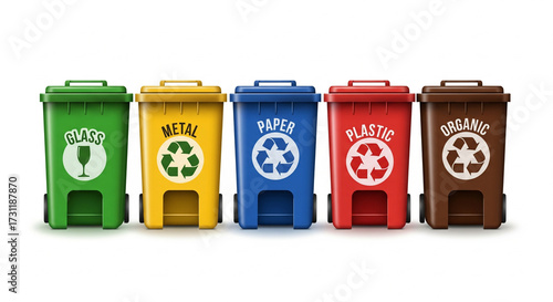 Full set of recycling bins with different waste categories