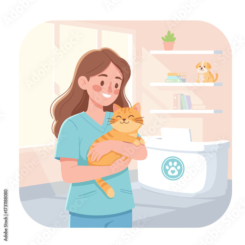 Young woman holding orange cat in veterinary clinic setting  