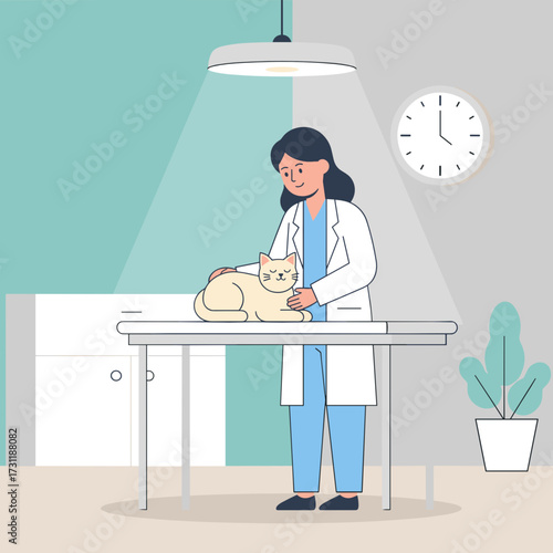 Female veterinarian examining a cat on a table in a clinic  
